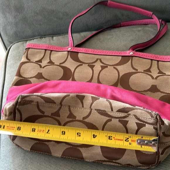 Coach Tan Purse with Pink Leather Straps. Pink stripe accent. - Picture 6 of 12